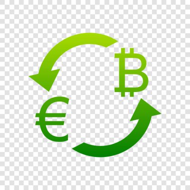 Döviz Alım Satım işareti. Euro ve Bitkoin. Vektör. Saydam arka plan üzerinde yeşil degrade simgesi.