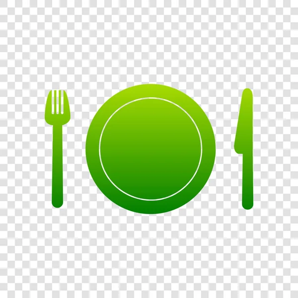 포크, 접시와 나이프입니다. 벡터입니다. 투명 한 배경에 녹색 그라데이션 아이콘. — 스톡 벡터