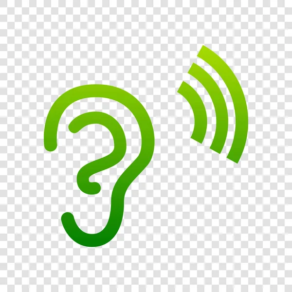 인간의 귀에 부호입니다. 벡터입니다. 투명 한 배경에 녹색 그라데이션 아이콘. — 스톡 벡터