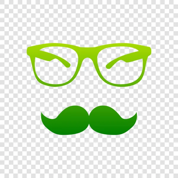 Wąsy i okulary znak. Wektor. Zielona ikona gradientu na przezroczystym tle. — Wektor stockowy