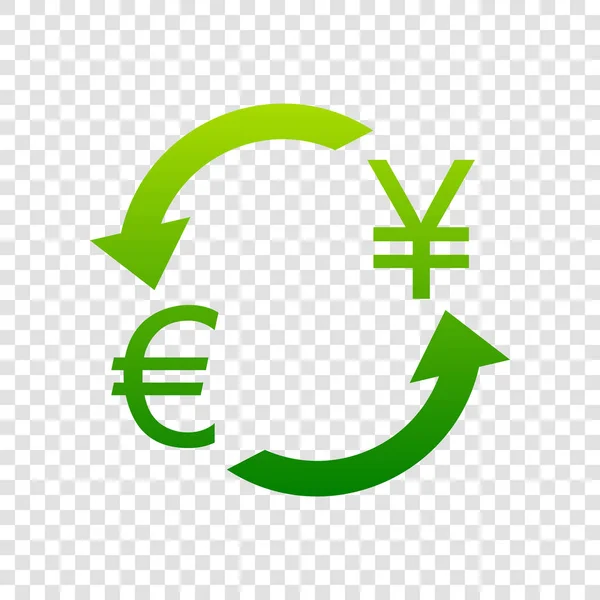 Обмін валют. Євро і Японії ієн. Вектор. Зелений градієнта значок з прозорим фоном. — стоковий вектор
