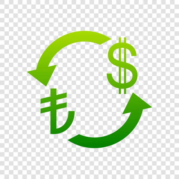 Signo de cambio de divisas. Turquía Lira y Dólar estadounidense. Vector. Icono de gradiente verde sobre fondo transparente . — Archivo Imágenes Vectoriales