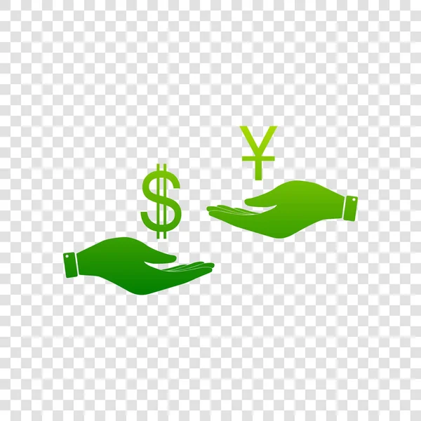 Currency exchange from hand to hand. Dollar and Yuan. Vector. Green gradient icon on transparent background. — Stock Vector
