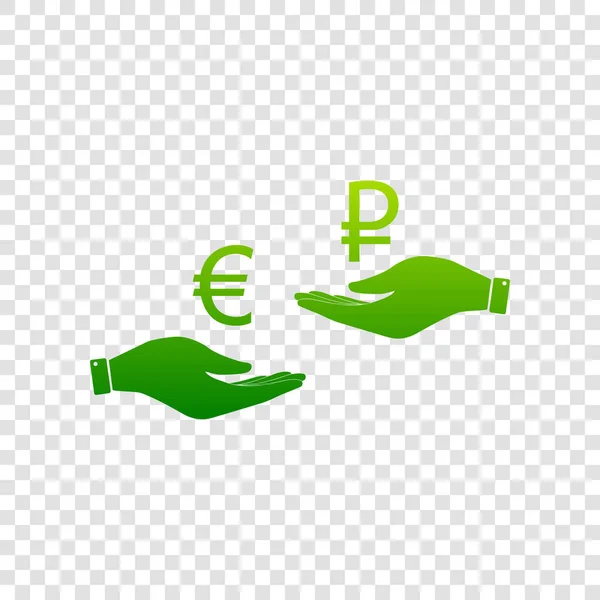 Currency exchange from hand to hand. Euro and Rouble. Vector. Green gradient icon on transparent background. — Stock Vector