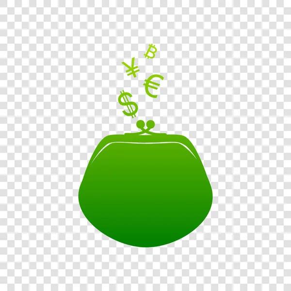 Portemonnaie mit Währungssymbolen. Vektor. grünes Farbverlauf-Symbol auf transparentem Hintergrund. — Stockvektor