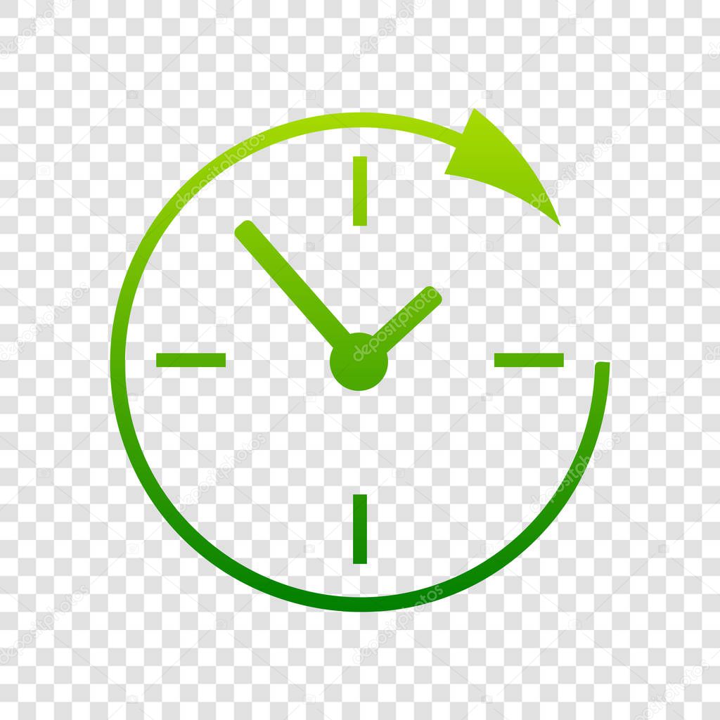 Service and support for customers around the clock and 24 hours. Vector. Green gradient icon on transparent background.