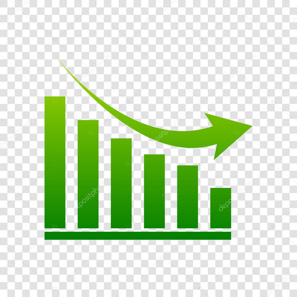 Declining graph sign. Vector. Green gradient icon on transparent background.