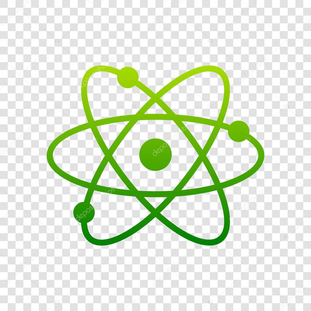 Atom sign illustration. Vector. Green gradient icon on transparent background.