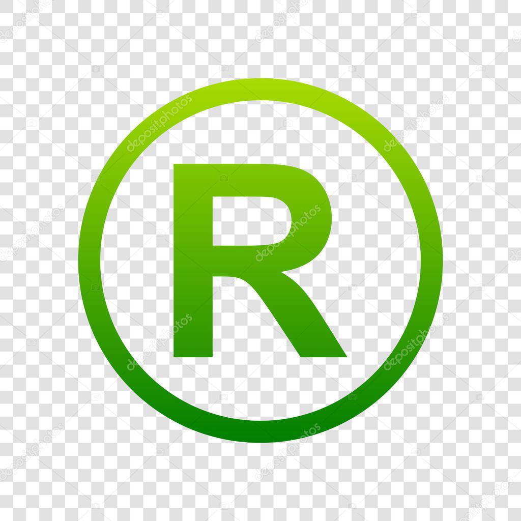 Registered Trademark sign. Vector. Green gradient icon on transparent background.