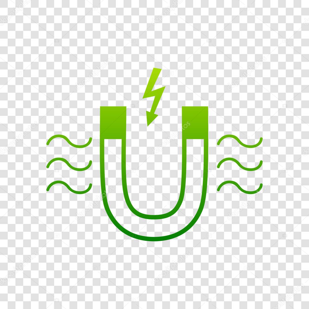 Magnet with magnetic force indication. Vector. Green gradient icon on transparent background.