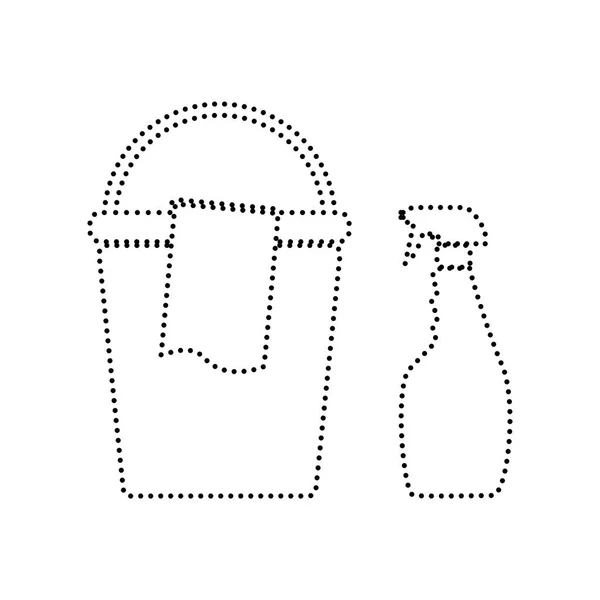 Bucket and a rag with Household chemical bottles. Vector. Black — Stock Vector