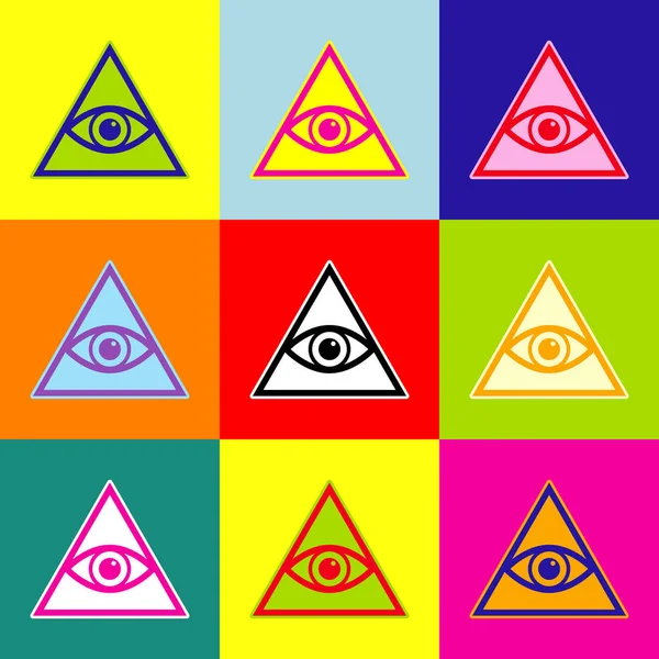 All seeing eye piramidy symbol. Masonem i duchowych. Wektor. Kolorowe ikony stylu pop-art zestaw z 3 kolory. — Wektor stockowy