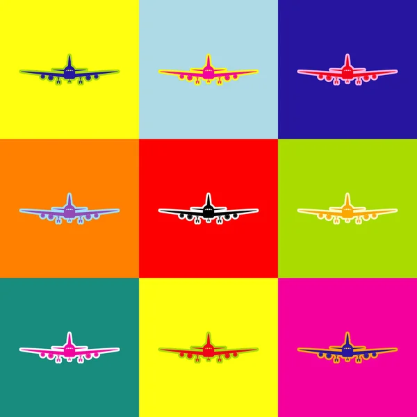 Fliegendes Flugzeugschild. Frontansicht. Vektor. Pop-Art-Stil bunte Symbole mit 3 Farben. — Stockvektor