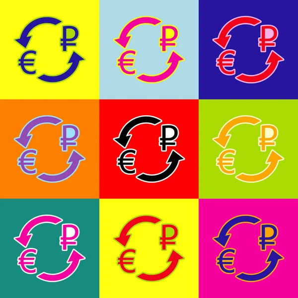 Signe de change. Euro et Rouble russe. Vecteur. Style pop-art icônes colorées serties de 3 couleurs . — Image vectorielle