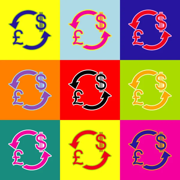 Znak měny exchange. Velká Británie: Libra a nás dolar. Vektor. Barevné ikony ve stylu pop-art sada s 3 barvy. — Stockový vektor