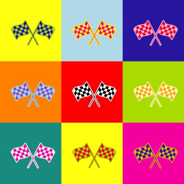 Damalı bayrak logosu motor sporları kavramsal rüzgarda sallayarak geçti. Vektör. Popüler sanat tarzı renkli simgeler ile 3 renk ayarla.