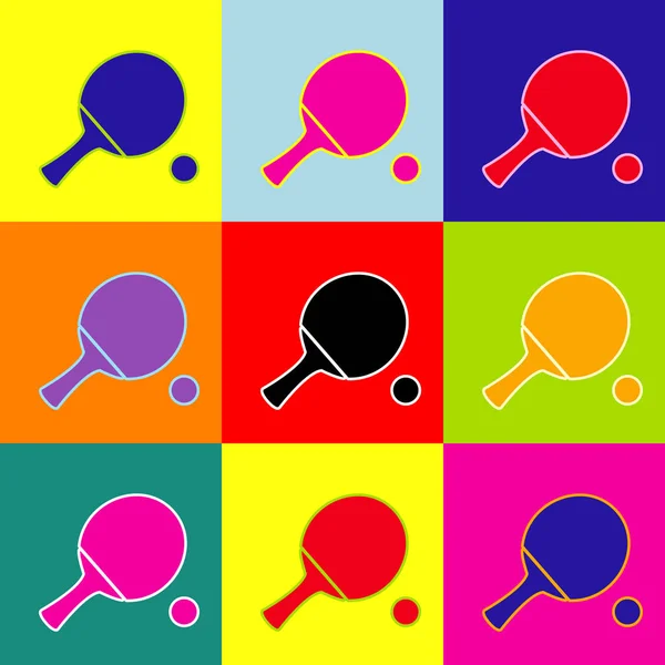 Tischtennispaddel mit Ball. Vektor. Pop-Art-Stil bunte Symbole mit 3 Farben. — Stockvektor