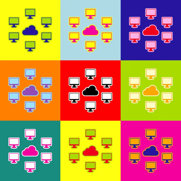 Panneau réseau des ordinateurs. Vecteur. Style pop-art icônes colorées serties de 3 couleurs . — Image vectorielle