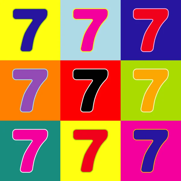 Mall för nummer 7 tecken designelement. Vektor. Popkonst-stil färgglada ikoner set med 3 färger. — Stock vektor