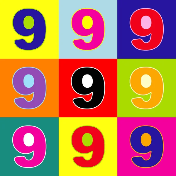 Numero 9 segno elemento modello di design. Vettore. Pop-art icone colorate stile impostato con 3 colori . — Vettoriale Stock