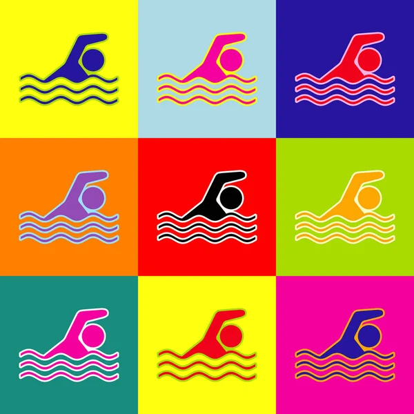 Swimming water sport sign. Vector. Pop-art style colorful icons set with 3 colors. — Stock Vector