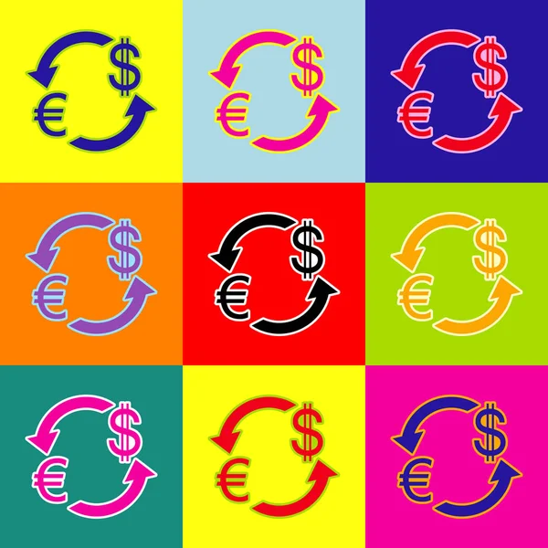 Signe de change. Euro et Dollar. Vecteur. Style pop-art icônes colorées serties de 3 couleurs . — Image vectorielle