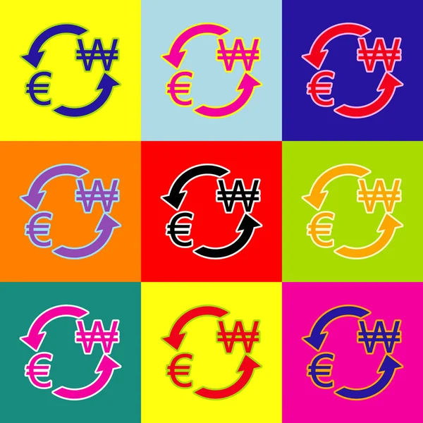 Signo de cambio de divisas. Euro y Corea del Sur ganó. Vector. Pop-art estilo iconos de colores con 3 colores . — Vector de stock