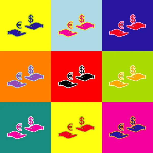 Change de devises de main en main. Euro et Dollar. Vecteur. Style pop-art icônes colorées serties de 3 couleurs . — Image vectorielle