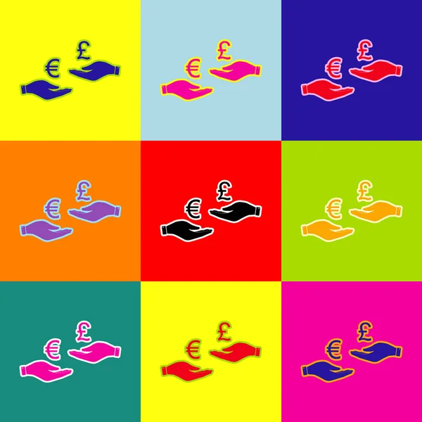 Change de devises de main en main. Euro et Puond. Vecteur. Style pop-art icônes colorées serties de 3 couleurs . — Image vectorielle