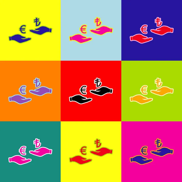 Change de devises de main en main. Euro et Lira. Vecteur. Style pop-art icônes colorées serties de 3 couleurs . — Image vectorielle
