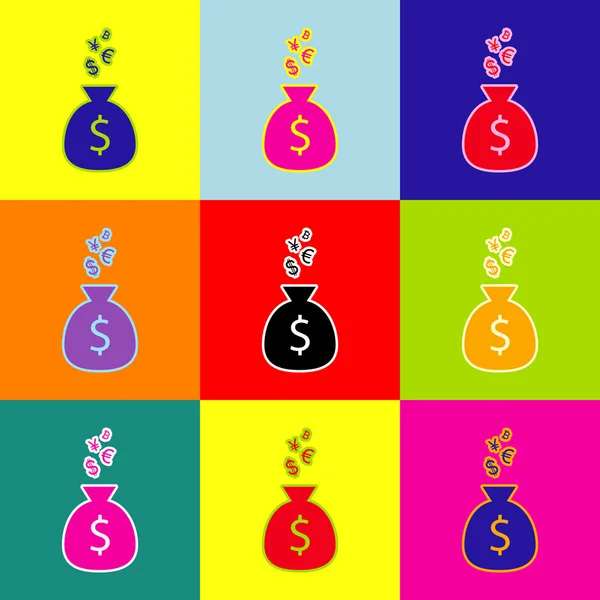 Geld tas bord met valutasymbolen. Vector. Pop-art stijl kleurrijke pictogrammen set met 3 kleuren. — Stockvector