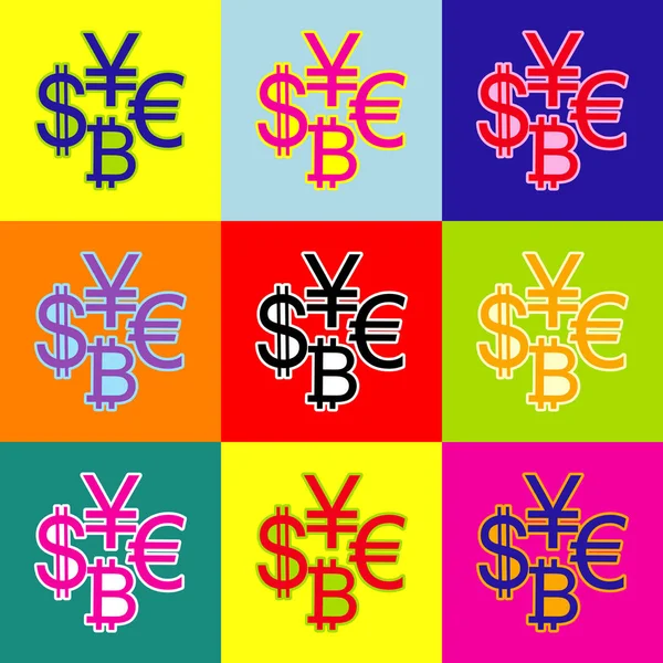 Monnaie signe collection dollar, euro, bitcoin, yen. Vecteur. Style pop-art icônes colorées serties de 3 couleurs . — Image vectorielle