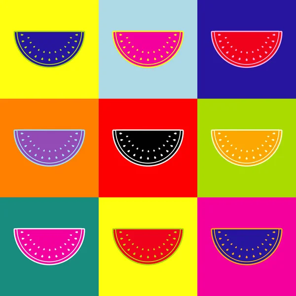 Vattenmelon tecken. Vektor. Popkonst-stil färgglada ikoner set med 3 färger. — Stock vektor