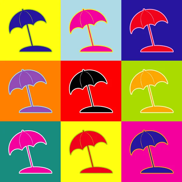 Umbrella and sun lounger sign. Vector. Pop-art style colorful icons set with 3 colors. — Stock Vector
