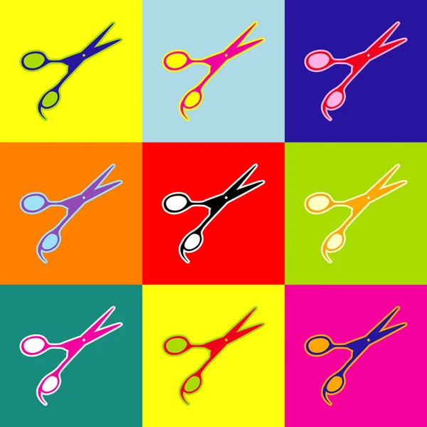 Sinal de tesoura para cortar cabelo. Vector. Ícones coloridos de estilo pop-art com 3 cores . —  Vetores de Stock
