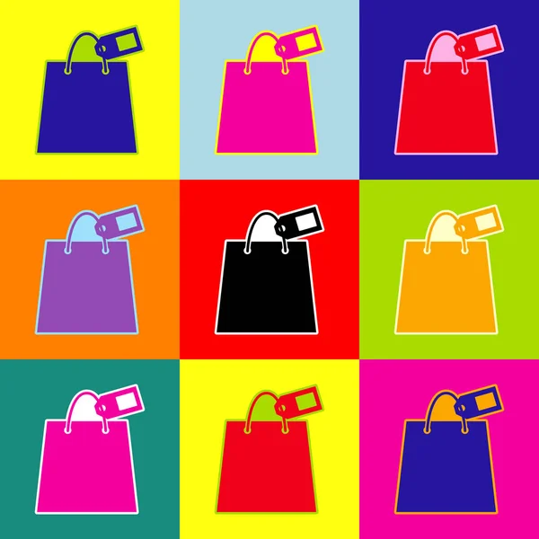 タグとショッピング バッグの記号。ベクトル。ポップアート スタイル カラフルなアイコンと 3 色セット. — ストックベクタ