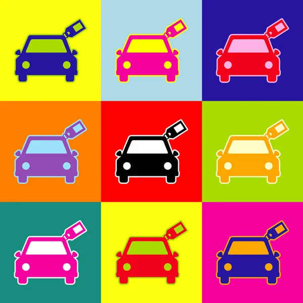 Car sign with tag. Vector. Pop-art style colorful icons set with 3 colors. — Stock Vector