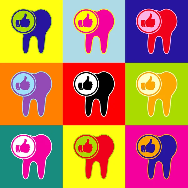 Tooth sign with thumbs up symbol. Vector. Pop-art style colorful icons set with 3 colors. — Stock Vector