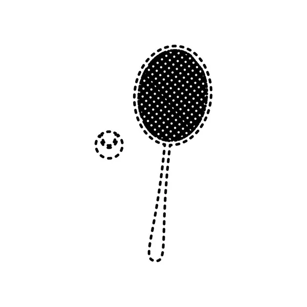 Σημάδι ρακέτα τένις. Διάνυσμα. Μαύρη διακεκομμένη εικόνα σε λευκό φόντο. Απομονωμένη. — Διανυσματικό Αρχείο