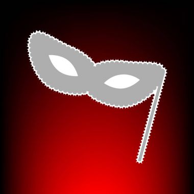 Geleneksel Venedik Karnavalı dekoratif maskesi işareti. Posta pulu veya eski fotoğraf stil kırmızı-siyah degrade arka plan üzerinde.