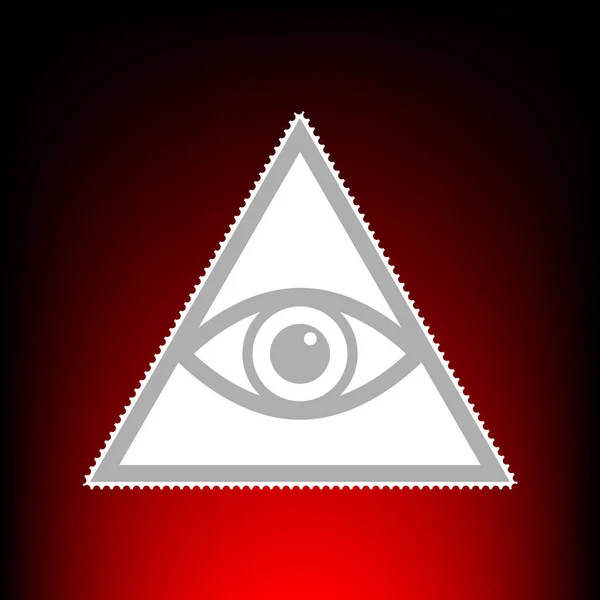 Tutti vedono il simbolo della piramide oculare. Massone e spirituale. Timbro postale o vecchio stile fotografico su sfondo sfumato rosso-nero . — Vettoriale Stock