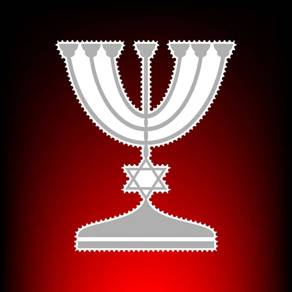 Jewish Menorah candlestick in black silhouette. Postage stamp or old photo style on red-black gradient background. — Stock Vector