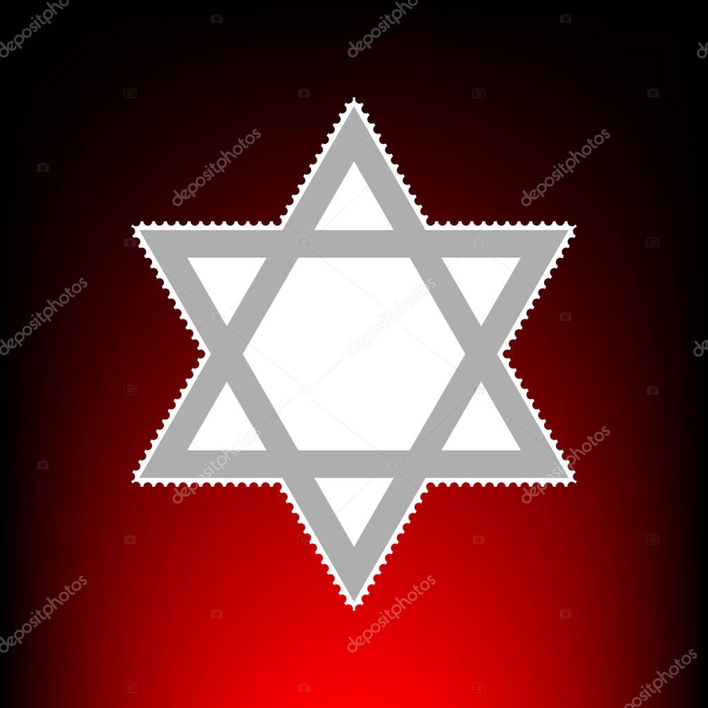 Shield Magen David Star. Symbol of Israel. Postage stamp or old photo style on red-black gradient background.
