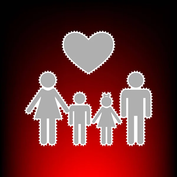 Familie symbool met hart. Man en vrouw zijn hield childrens handen. Postzegel of oude foto stijl op de gradient achtergrond zwart-rood. — Stockvector