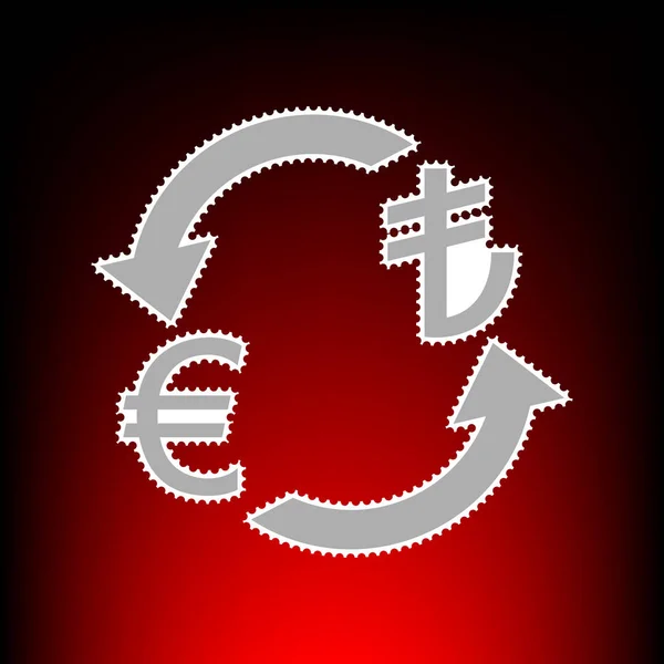 Valutaváltó jele. Euro és Törökország líra. Postai bélyeg vagy régi fénykép stílus a piros-fekete gradiens háttér. — Stock Vector