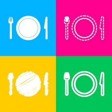 Çatal, plaka ve bıçak. Dört renk kareler simgesine dört stilleri.