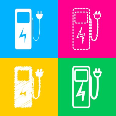 Elektrikli araç şarj istasyonu işareti. Dört renk kareler simgesine dört stilleri.