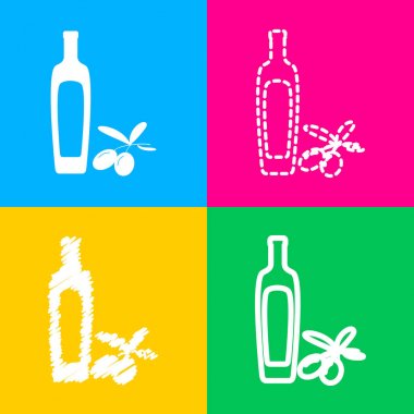Siyah Zeytin dalı zeytinyağı şişesi işareti ile. Dört renk kareler simgesine dört stilleri.