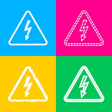 High voltage danger sign. Four styles of icon on four color squares. clipart