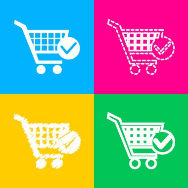 Onay işareti işareti ile alışveriş sepeti. Dört renk kareler simgesine dört stilleri.